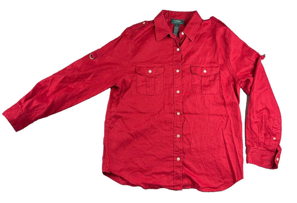 Lauren Ralph Lauren Women L Red 100% Linen Safari Utility Shirt Roll Tab